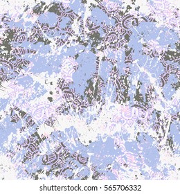 Vector watercolor splashes pattern in blue color. Bold bohemian print for fashion and retro textile design with ethnic and tribal motifs. Seamless vintage grunge background. Brushstrokes and splatter