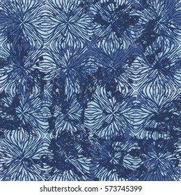 Vector watercolor splashes pattern in blue color. Bold nautical print for fashion and retro textile design with ethnic and tribal motif. Seamless vintage grunge background. Brushstrokes and splatter