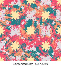 Vector watercolor splashes pattern in bright color. Bold bohemian print for fashion and retro textile design with ethnic and tribal motif. Seamless vintage grunge background. Brushstrokes and splatter
