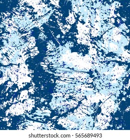 Vector watercolor splashes pattern in navy blue and white color. Bold abstract print for spring summer fashion and textile design. Seamless hand painted art background. Brushstrokes and splatter