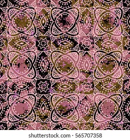 Vector watercolor splashes pattern in organic color. Bold bohemian print for fashion and retro textile design with ethnic and tribal motif Seamless vintage grunge background. Brushstrokes and splatter