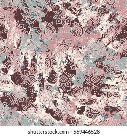 Vector watercolor splashes pattern in pastel color. Bold bohemian print for fashion and retro textile design with ethnic and tribal motif. Seamless vintage grunge background. Brushstrokes and splatter