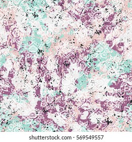 Vector watercolor splashes pattern in pastel color. Bold bohemian print for fashion and retro textile design with ethnic and tribal motif. Seamless vintage grunge background. Brushstrokes and splatter