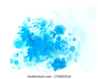 Vector watercolor splatter background, blue on a white background, stock illustration for design decor, banner, postcard, business card.