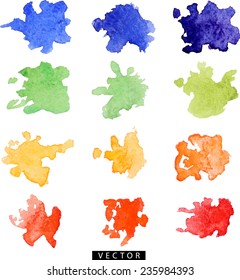 Vector watercolor spots. Colored spots. Hand-drawn background elements isolated on white. Twelve colored objects.