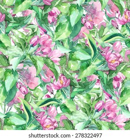 Vector Watercolor. Spring Floral Pattern with Blossom Apple Tree Branches. 