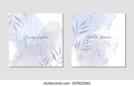 Plantilla de tarjeta cuadrada de acuarela vectorial en colores azul y púrpura con salpicaduras