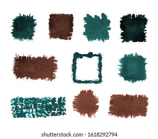 Vector watercolor square and rectangle rough shapes set in brown and green color isolated on white background.