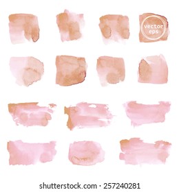 Vector watercolor square and rectangle rough shapes set in pale orange and pink color isolated on white