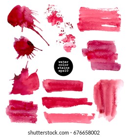 Vector watercolor stain set. Round shapes, stripes, rectangles, splashes in deep red color isolated on white.