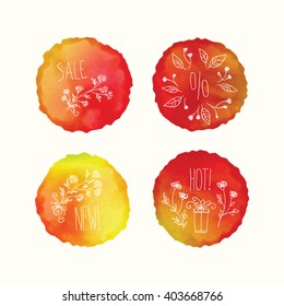 Vector watercolor stains and hand drawn doodle elements. Hand painted circles collection.