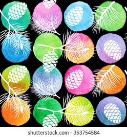 Vector watercolor  stains. Hand painted colorful  circles. Vector pine cones and branches seamless pattern.
