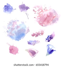 Vector watercolor stains shapes set in pale blue, purple and pink color isolated on white