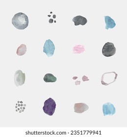 Vector watercolor stains.Blue watercolor paint circles vector backgrounds set.Watercolor elements with patterns from drops, triangles, waves and chevron