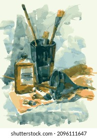 Vector watercolor still life drawing with artistic tools, brushes, paints, solvent bottle