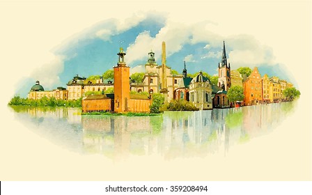 vector watercolor STOCKHOLM city illustration