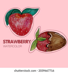 Vector watercolor strawberry with chocolate, aquarelle fruits, food illustration