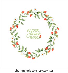 vector watercolor strawberry  frame on white background.  It can be used for card, postcard, cover, invitation, wedding card, mothers day card, birthday card.