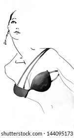 VECTOR watercolor style background with the beautiful young woman in black bra, wearing one earring