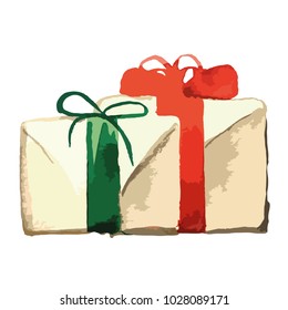 Vector watercolor style illustrated Christmas present gift box set with green and red bow