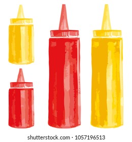 Vector watercolor style illustrated ketchup and mustard hand painted plastic yellow and red bottles set