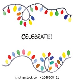 Vector watercolor style illustrated light bulb garland and celebrate lettering. Festive background for invitation or card.