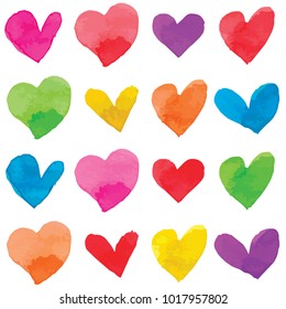 Vector watercolor style illustrated and painted hearts in rainbow colors pattern set
