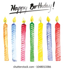 Vector Watercolor Style Illustration Of Colored Birthday Candles With Flames And Happy Birthday Lettering