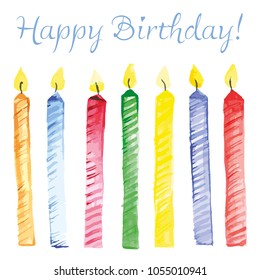Vector de color acuarela ilustración de velas de cumpleaños con llamas y letras de cumpleaños feliz