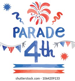 Vector watercolor style illustration of decoration set for Independence day, July 4th holiday celebration