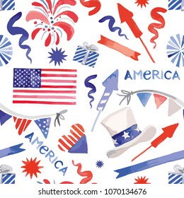 Vector watercolor style illustration of decoration pattern set for Independence day, July 4th or Labor day holiday celebration