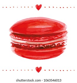 Vector watercolor style illustration of hand painted red colored macaroon with hearts and spots