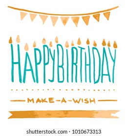 Vector watercolor style illustration Happy Birthday blue card design with candle light, ribbons and spots