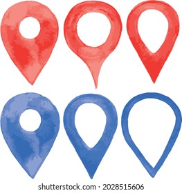 Vector watercolor style illustration of red and blue ink color location pin set for maps
