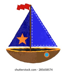 Vector Watercolor Style Nautical Sailboat with Stitching