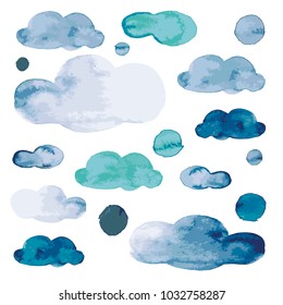 Vector watercolor style painted illustration of a blue sky clouds set