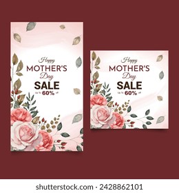 vector watercolor style pink and Red rose editable template for mother's day celebration with sale up to 50% off text