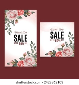 vector watercolor style pink and Red rose editable template for mother's day celebration with sale up to 50% off text