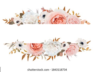 Vector watercolor style wedding invite, greeting card template design. Elegant blush peach pink Rose, ivory white anemone flowers, beige, brown, orange Eucalyptus leaves bouquet text space cute border