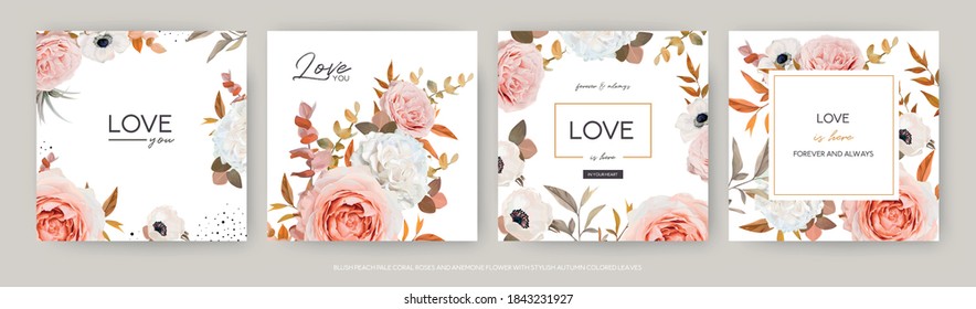 Vector watercolor style wedding invite, greeting card, banner template design set. Elegant blush peach, pink Roses, ivory white anemone flower, beige, brown orange Eucalyptus leaves bouquet decoration