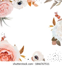 Vector watercolor style wedding invite, greeting card template design. Elegant blush peach pink Rose, ivory white anemone flowers, beige, brown, orange Eucalyptus leaf bouquet text space lovely frame