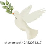 Vector, watercolor style. White pigeon is fly with green branch. Baptism. Greeting cards, invitation, wedding card and save the date, celebration, anniversary, birthday, party, event, holiday.