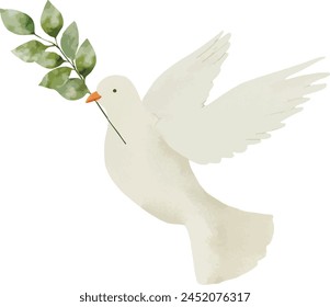 Vector, watercolor style. White pigeon is fly with green branch. Baptism. Greeting cards, invitation, wedding card and save the date, celebration, anniversary, birthday, party, event, holiday.