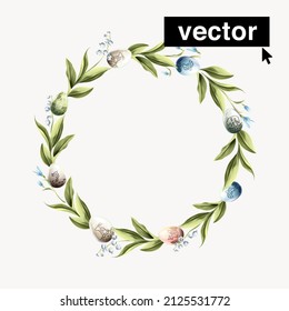 Vector Watercolor Style Wreath With Easter Eggs In A Scandinavian Pattern, With Lily Of The Valley Leaves, And Snowdrop Flowers. Perfect For Your Greeting Cards, And Posters Design.