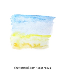 Vector watercolor summer background with blue sky and yellow sand. EPS10.
