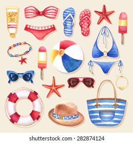 Vector watercolor summer fashion set of woman's beach accessories. Vintage hand drawn travel objects 