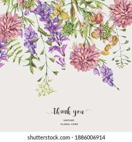 Vector watercolor summer meadow flowers, wildflowers. Botanical floral greeting card. Medicinal flowers collection