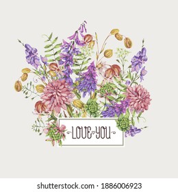 Vector watercolor summer meadow flowers, wildflowers. Botanical floral greeting card. Medicinal flowers collection