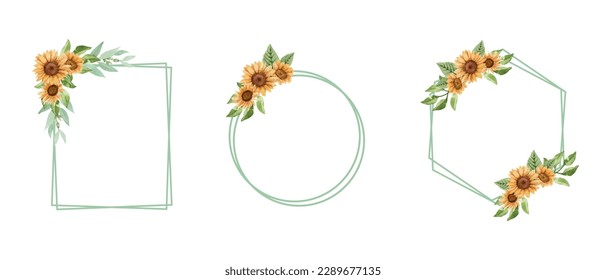 Vector watercolor sunflower floral wreath with green frame