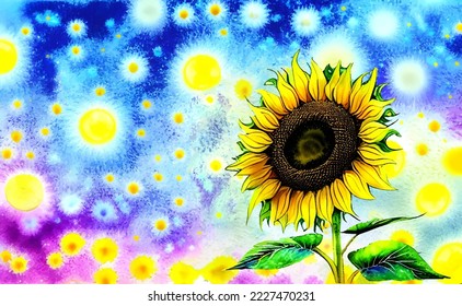 Vector watercolor sunflower isolated on abstract watercolor background, summer wallpaper, beauty fantasy landscape.